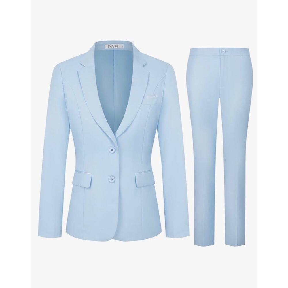 Kelyaa Women's 2 Piece Slim Fit Light Blue Suit, Small Jacket/Medium Pant